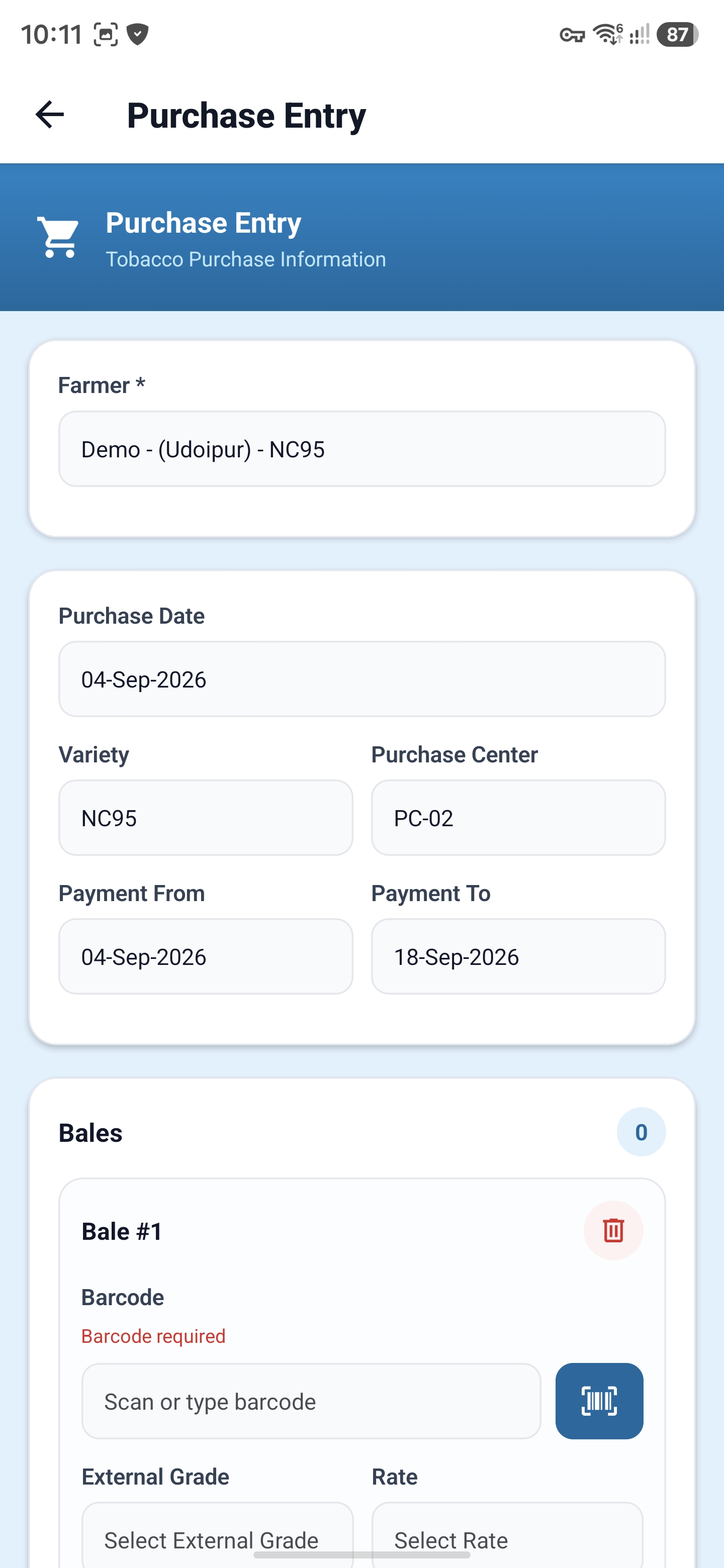 Commercial Tobacco Leaf Purchase & Bale Weighing screenshot 1